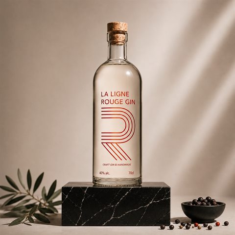 Bouteille La Ligne Rouge Gin sur socle en marbre noir